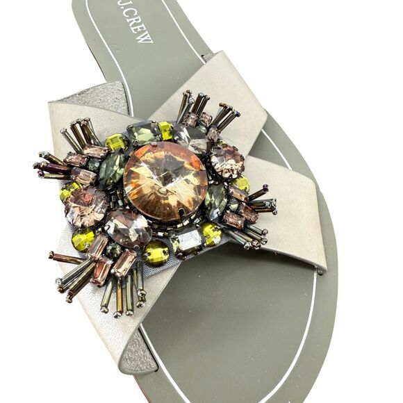 J. Crew Cyrpus Sandals Women's 8 Gray Leather Jeweled Flat Slide C6420 HTF NWT - Picture 10 of 16